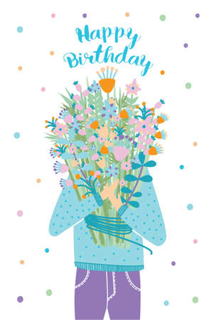 Happy birthday greeting card. Guest with flower bouquet.のイラスト素材