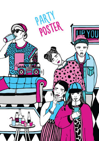 Alternative party poster. Placard with dancing, drinking young people, music. hand drawn colorful illustration.のイラスト素材