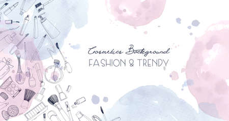 Fashion cosmetics horizontal background with make up artist objects and watercolor spots. Vector hand drawn illustration with place for text.のイラスト素材