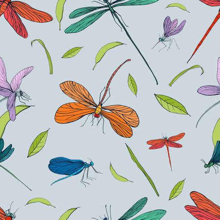 Seamless pattern with different dragonfly. Hand drawn background with flying adder. Vector illustrationのイラスト素材