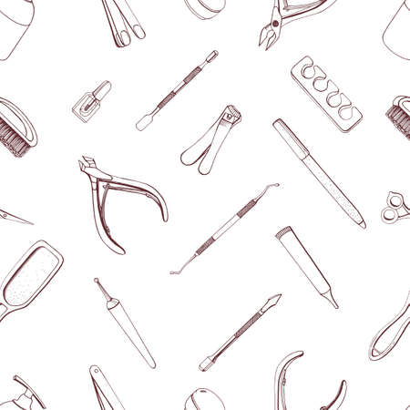 Manicure equipment seamless pattern. Hand drawn contour background.のイラスト素材