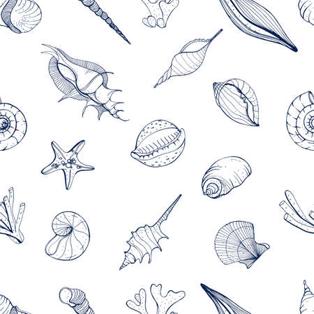 Hand drawn seamless pattern with seashells. Vector monochrome background.のイラスト素材