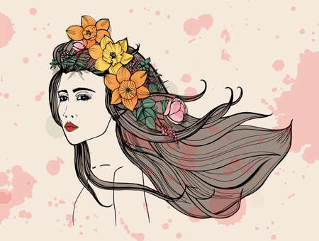 Fashion woman portrait with watercolor stains. Beautiful girl with flowers, flowing hair. Colorful hand drawn illustration.のイラスト素材