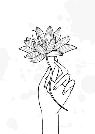 Hand holding lotus flower. Contour hand drawn illustration. yoga, meditation, awakening symbol.のイラスト素材