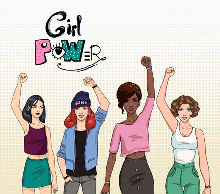 Girl power, Feminism concept. Different young modern girls with hands up. Colorful illustrationのイラスト素材