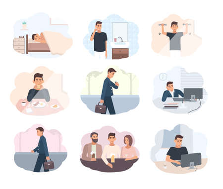 Concept everyday routine. Set of images schedule working day business man.のイラスト素材