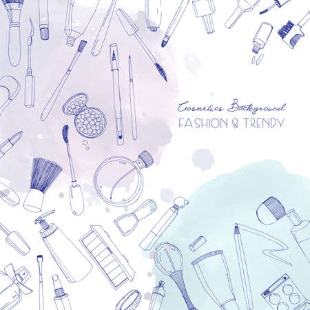 Fashion cosmetics square background with make up artist objects and watercolor spots.のイラスト素材