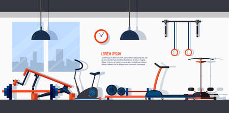 Horizontal banner with gym interior. Backdrop with sports equipments. Colorful vector template in flat style with place for text.のイラスト素材