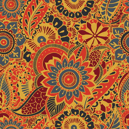 Bright seamless pattern with paisley mehndi elements. Hand drawn wallpaper with floral traditional...