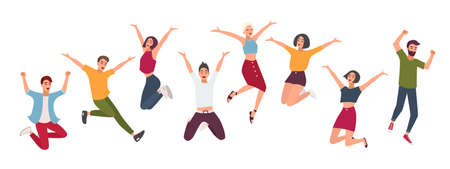 Horizontal banner with happy people. Young guys and girls jumping. Colorful vector illustration in flat style.のイラスト素材