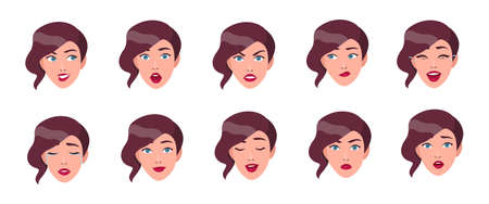 Set of womans emotions. Girl face with different facial expression collection. Colorful vector illustration in flat style.のイラスト素材