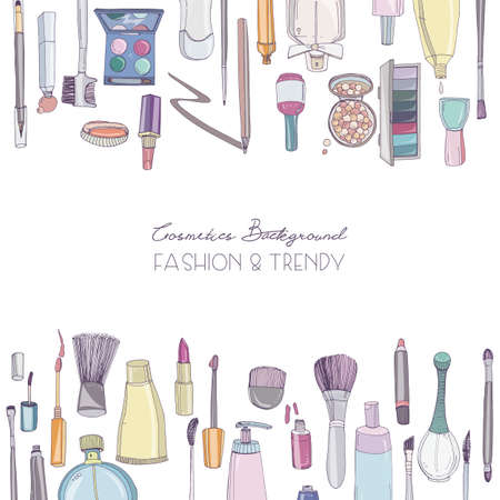 Fashion cosmetics square background with make up artist objects. Vector hand drawn illustration with place for text.のイラスト素材