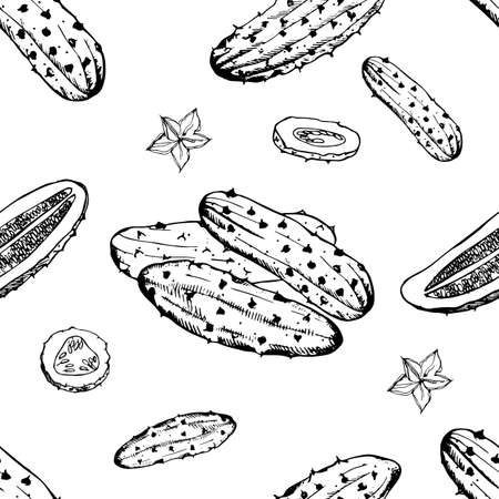 Seamless pattern with cucumber, slice, flower. Vegetable hand drawn background. Black and white vector wallpaperのイラスト素材