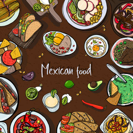 Square background with mexican food, traditional cuisine. Hand drawn colorful vector illustration with various dishes.のイラスト素材