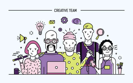 Creative business team concept. Banner with teamwork command. Young designers, girls and guys cv. Lineart flat illustrationのイラスト素材