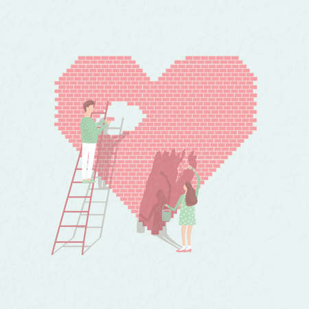Concept love is work . Couple in love build relationships. Cute guy and girl on the background of brick heart. Vector cartoon illustrationのイラスト素材