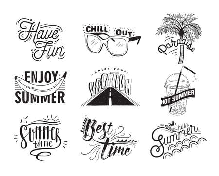 Vector Set of hand drawn lettering with inscriptions Enjoy, hello summer, paradise, hot summer, chill out, have fun, enjoy your vacation, best time. Typographic collection with illustrations.のイラスト素材