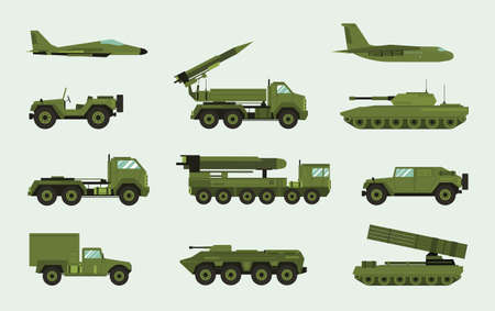Set of different military transport. Modern equipment collection fighting machine, air defense, car, truck, tank, armored vehicles, artillery pieces. Vector illustration in flat styleのイラスト素材