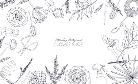 Horizontal background with flowers for advertising, floral shop, salon. Hand drawn monochrome composition with place for textのイラスト素材