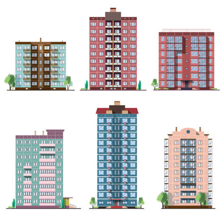 Set of different panel residential houses. collection of colorful vector flat illustration.のイラスト素材