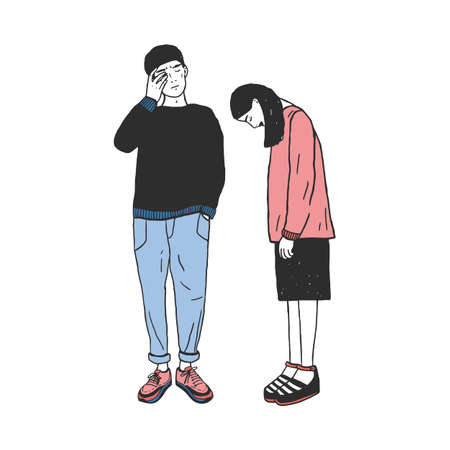 Concept of divorce, crack in relationships,family split. Sad girl and guy after parting. Colorful vector hand drawn illustration.のイラスト素材