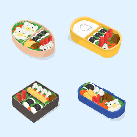 Set of different bento. Japanese lunch boxes collection. Funny cartoon food. Isometric colorful vector illustration.のイラスト素材