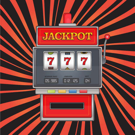 Bright vector illustration on jackpot theme. Red slot machine with three sevens on abstract striped backgroundのイラスト素材