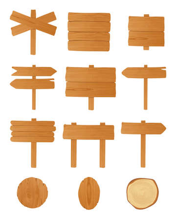 Set of different wooden signboards, planks, pointers. Colorful empty singposts collection. Vector illustration in cartoon styleのイラスト素材