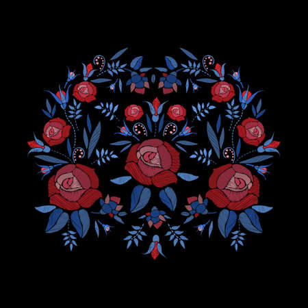 Embroidered composition of roses flowers, buds and leaves. Satin stitch embroidery floral design on...