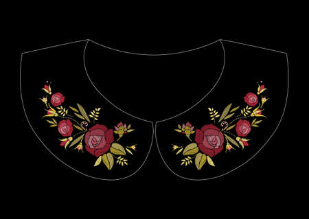 Satin stitch embroidery design with roses. Folk line floral trendy pattern for dress collar.のイラスト素材