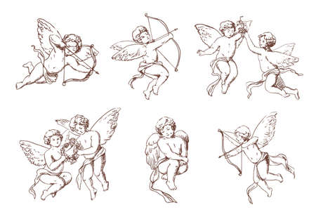 Set of different vintage cupid. Various flying angels with arrows and bow collection. Vector monochrome amur hand drawn illustration.のイラスト素材