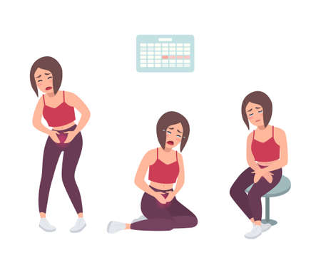 Concept of painful menstruation. Woman feel uncomfortable, suffers with stomach ache. Colorful vector illustration in cartoon style.のイラスト素材
