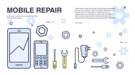 Concept of mobile phone repair. Horizontal banner with smartphone and tools. Service electronic technic. Colorful vector line art background with place for text.のイラスト素材