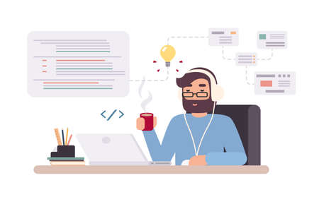 Web-developer works on laptop. Horizontal banner with young programmer on job. Colorful vector illustration in flat style.のイラスト素材