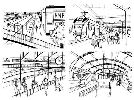 Set of sketches with railway station. Passengers on platform, waiting, arriving and departing train. Hand drawn black and white vector illustration.のイラスト素材