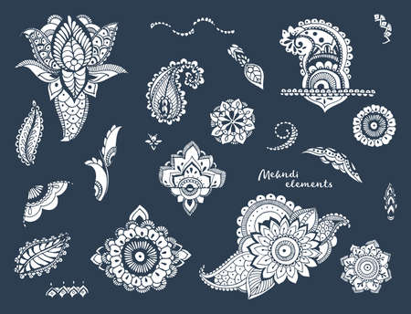 Set of hand drawn different mehndi elements. Stylized flowers, florals, leaves, indian paisley collection. Monochrome ethnic illustration on a dark background.のイラスト素材