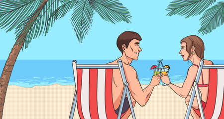 oncept of relaxing on beach. Young couple in love drink cocktails. Beautiful guy and girl near sea in sun loungers. Horizontal colorful vector illustration in comics pop art style.のイラスト素材