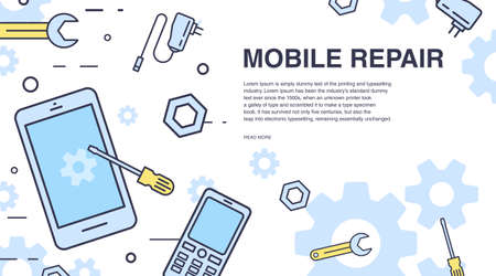 Concept of mobile phone repair. Horizontal banner with smartphone and tools. Service electronic technic. Colorful vector line art background with place for text.のイラスト素材