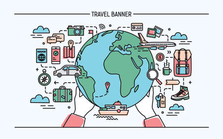 Concept of travel and tourism. Horizontal advertising banner with earth, globe, transport, things necessary traveler. Colorful vector illustration in lineart style.のイラスト素材