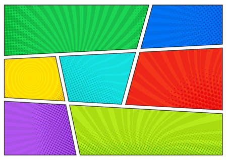Horizontal comics backdrop. Bright template with cells, halftone effects and rays. Vector colorful background in pop-art style.のイラスト素材