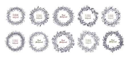 floral round wreaths set. hand drawn frames, vector collection.のイラスト素材