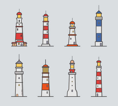 Set of different lighthouse. Colorful vector illustration collection in lineart style on gray background.のイラスト素材