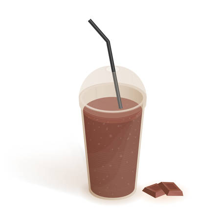 Drink in transparent plastic cup with lid and straw. Smoothie with chocolate. Beverage, realistic vector illustration on white background.のイラスト素材