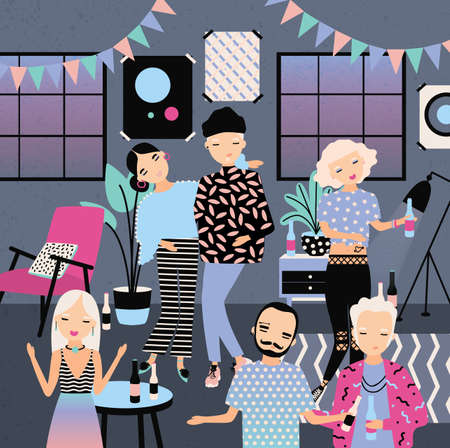 Home party with dancing, drinking people. Fashionable young guys and girls in bright clothes. Colorful vector illustration in cartoon style.のイラスト素材