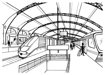 Monochrome sketch with railway station. Black and white illustration with modern fast trains and passengers. Hand drawn vector illustration.のイラスト素材
