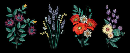 Set of embroidery bouquet on black background. Different flower compositions, wildflowers. Folk line trendy pattern for clothes, dress, decor. Colorful satin stitch floral design.のイラスト素材