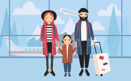 Family at airport. Trendy young couple with baby and luggage. Horizontal banner with mountains and airplane on background. Colorful vector illustration in cartoon style.のイラスト素材