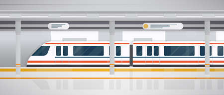 Subway, underground platform with modern train. Horizontal colorful vector illustration in flat...