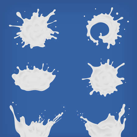 Set of different realistic milk splash and pouring. White spots, drops of various shapes collection. Vector illustration on blue background.のイラスト素材