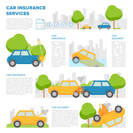Concept of car insurance against various incidents. Page template with place for text and different car accidents. Colorful vector, cartoon style.のイラスト素材